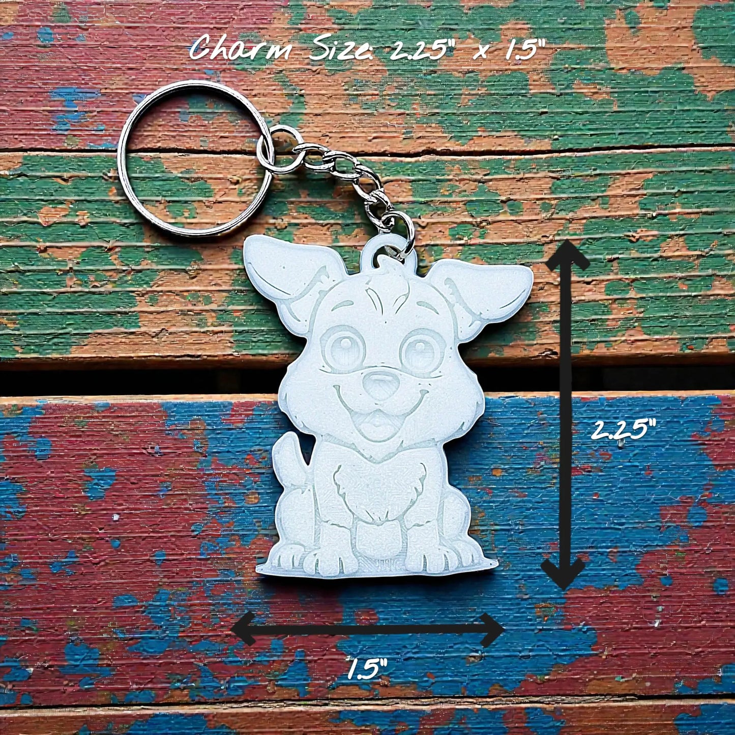 Handmade and customizable puppy dog keychain, perfect for classroom prizes, party favors for kids birthdays, and unique bag charms.