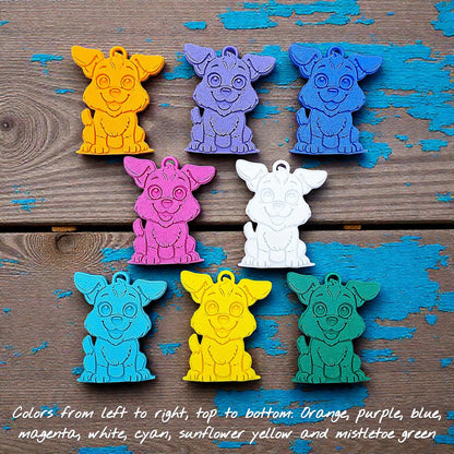 Handmade and customizable puppy dog keychains, perfect for classroom prizes, party favors for kids birthdays, and unique bag charms.