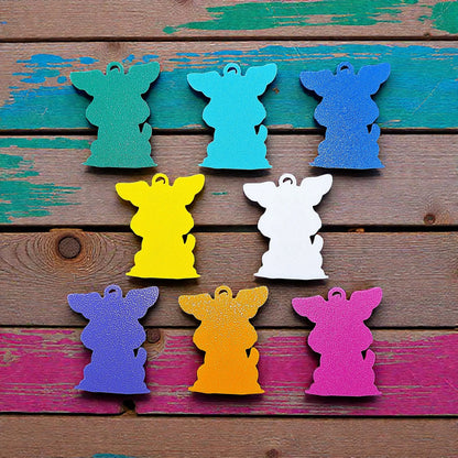 Reverse of handmade and customizable puppy dog keychains, perfect for classroom prizes, party favors for kids birthdays, and unique bag charms.