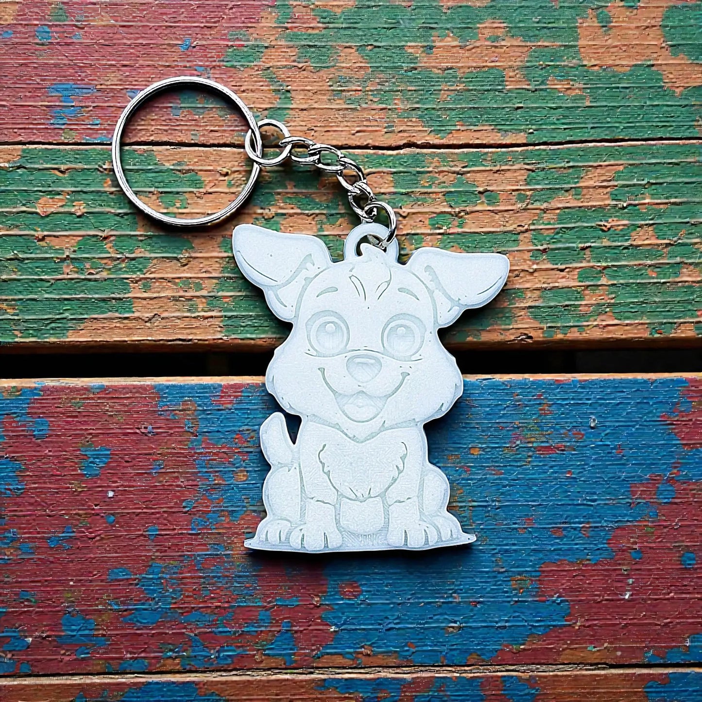Handmade and customizable puppy dog keychain in white, perfect for classroom prizes, party favors for kids birthdays, and unique bag charms.