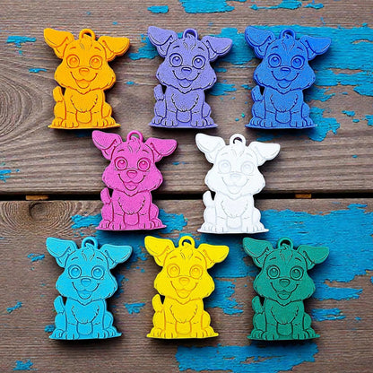 Handmade and customizable puppy dog keychains featuring a detailed dog design, perfect for classroom prizes, party favors for kids birthdays, and unique bag charms.