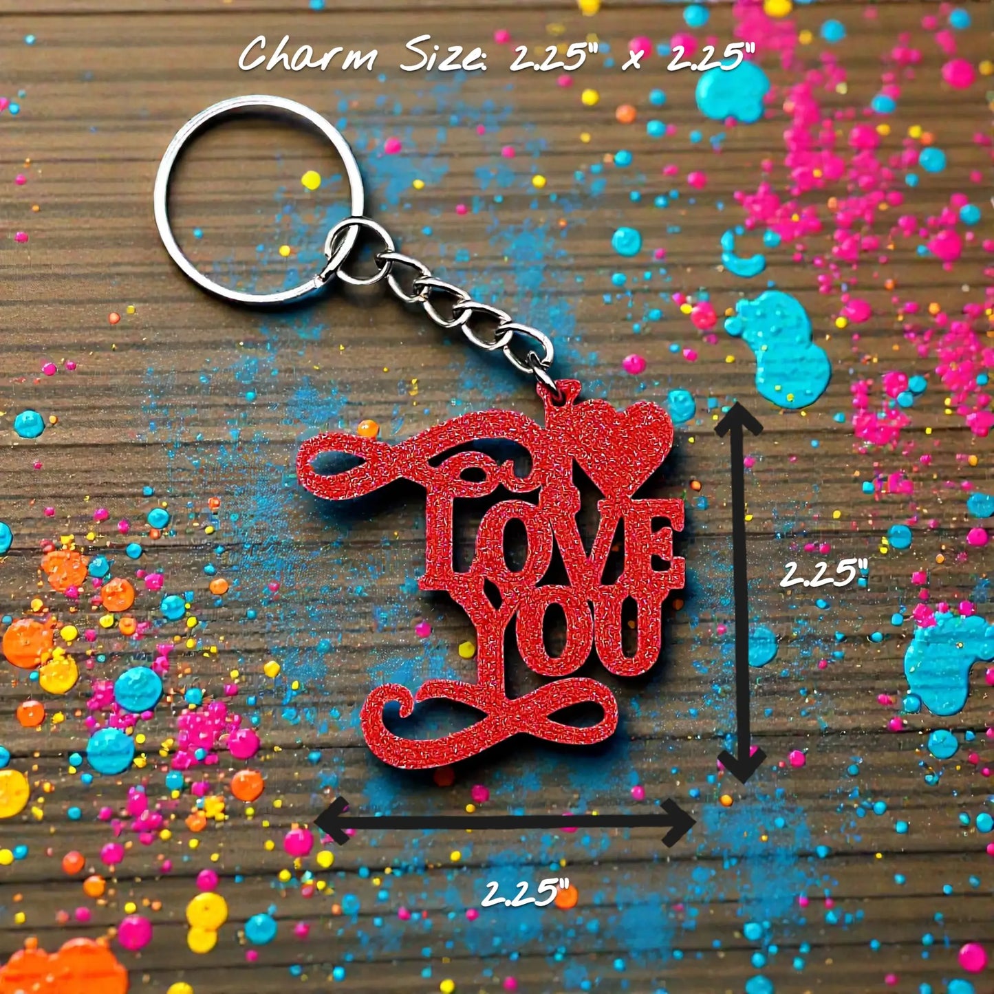 Handmade and customizable I Love You keychain in maroon red, perfect for classroom prizes, Valentine's Day gifts, party favors for kids birthdays, baby showers and unique backpack charms.