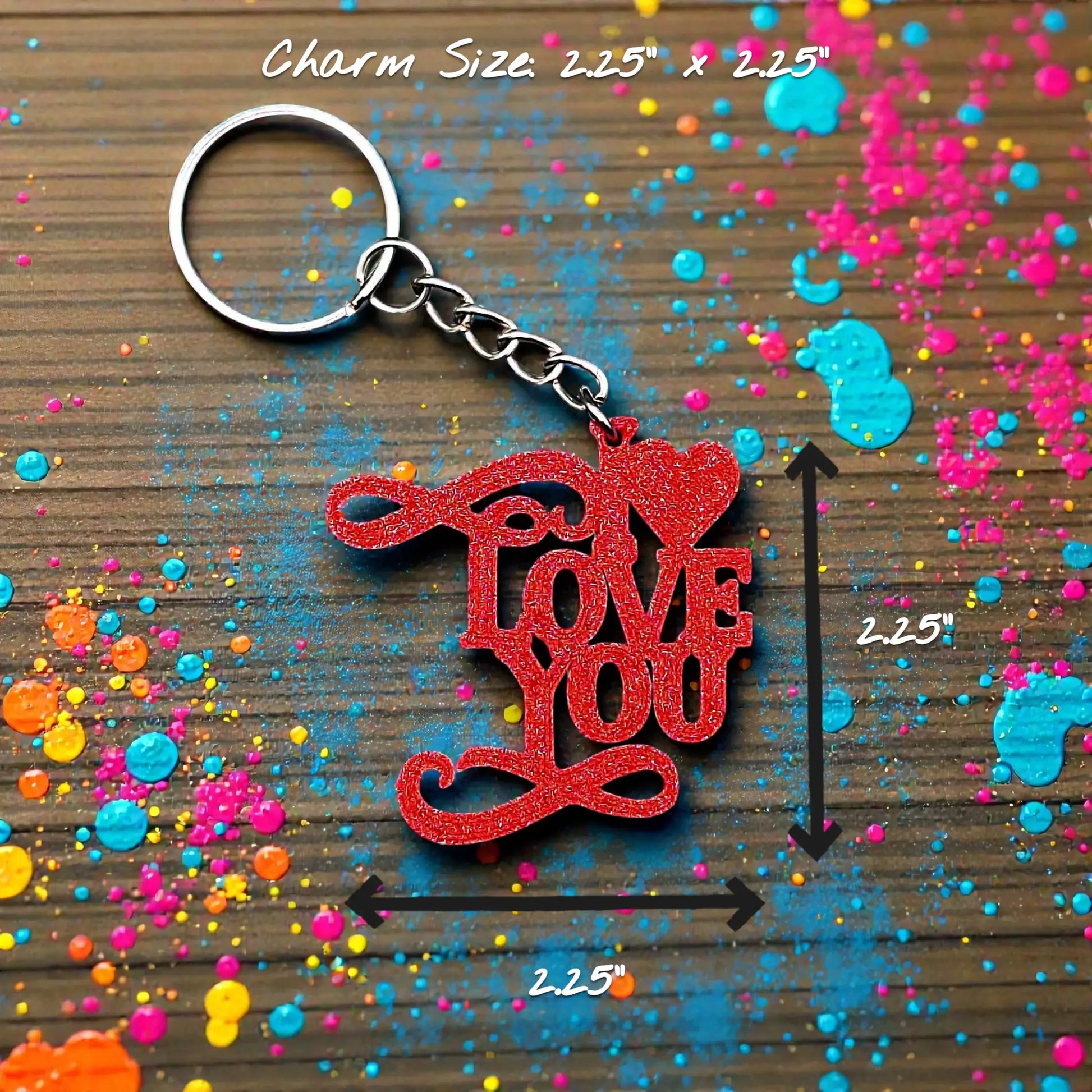 Handmade and customizable I Love You keychain in maroon red, perfect for classroom prizes, Valentine's Day gifts, party favors for kids birthdays, baby showers and unique backpack charms.