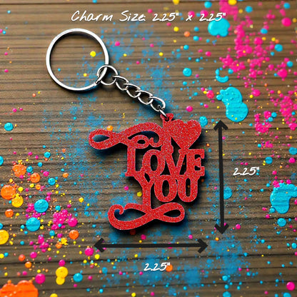 Handmade and customizable I Love You keychain in maroon red, perfect for classroom prizes, Valentine's Day gifts, party favors for kids birthdays, baby showers and unique backpack charms.