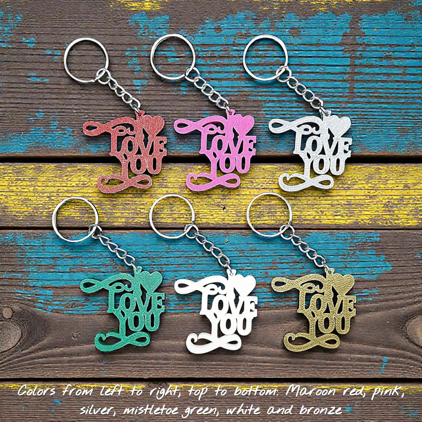 Handmade and customizable I Love You keychains, perfect for classroom prizes, Valentine's Day gifts, party favors for kids birthdays, baby showers and unique backpack charms.