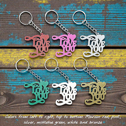 Handmade and customizable I Love You keychains, perfect for classroom prizes, Valentine's Day gifts, party favors for kids birthdays, baby showers and unique backpack charms.