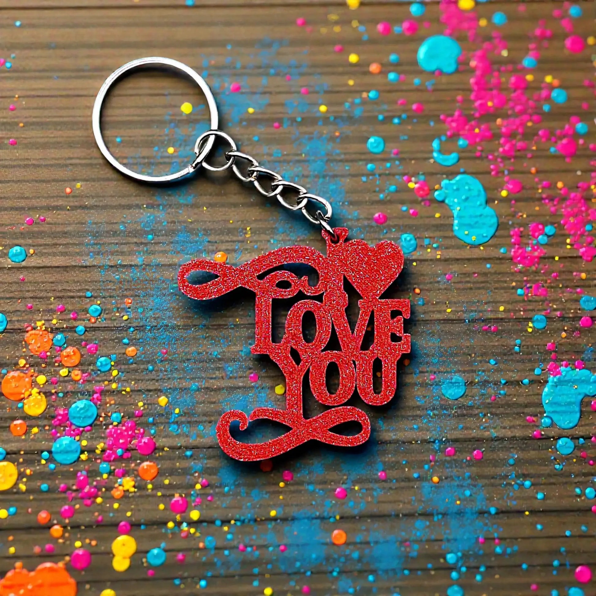 Handmade and customizable I Love You keychain in red, perfect for classroom prizes, Valentine's Day gifts, party favors for kids birthdays, baby showers and unique backpack charms.