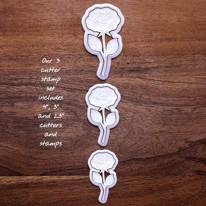 Handmade and customizable Rose Cookie Cutter and Stamp Set, perfect for spring events, romantic weddings, or special occasions.