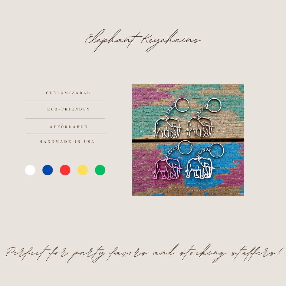Handmade and customizable safari elephant keychains in assorted colors, perfect for classroom prizes, party favors for kids birthdays, baby showers and unique stocking stuffers.