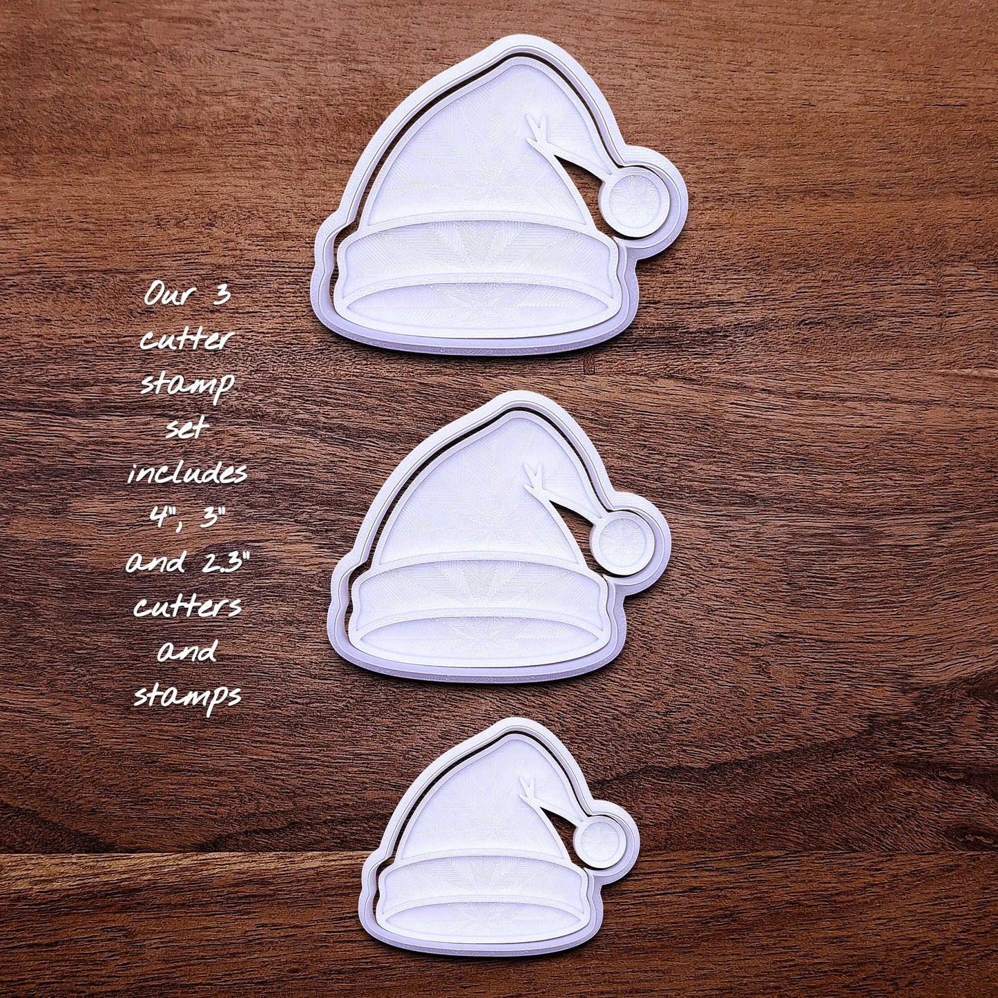 Santa hat cookie cutter and stamp set in three sizes, perfect for Christmas cookies, festive fondant toppers, or Xmas holiday crafts.