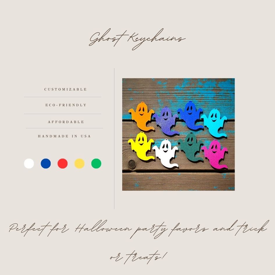 Handmade spooky Halloween ghost keychains in various colors, ideal for fall party favors, gifting, or accessorizing Halloween-themed trick or treat bags or keys.