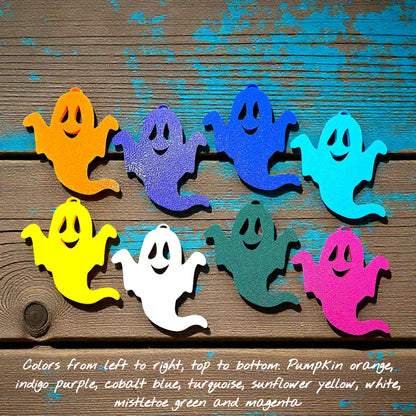 Front of handmade spooky Halloween ghost keychain in white, ideal for fall party favors, gifting, or accessorizing Halloween-themed trick or treat bags or keys.