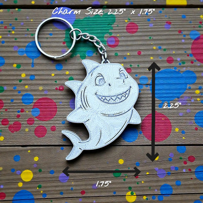 Handmade and customizable shark keychain in silver - fun marine animal keyring collection for kids, party bags, or beach-themed gifts and souvenirs.