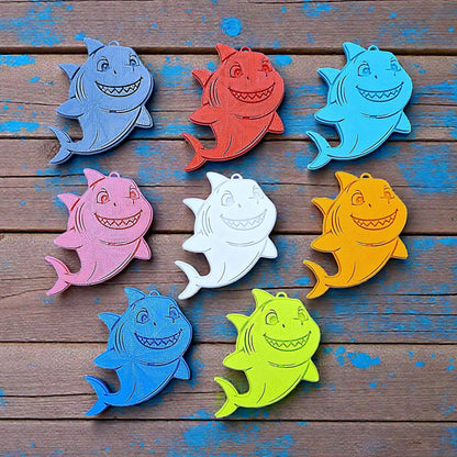 Handmade and customizable shark keychains in multiple colors - fun marine animal keyring collection for kids, party bags, or beach-themed gifts and souvenirs.