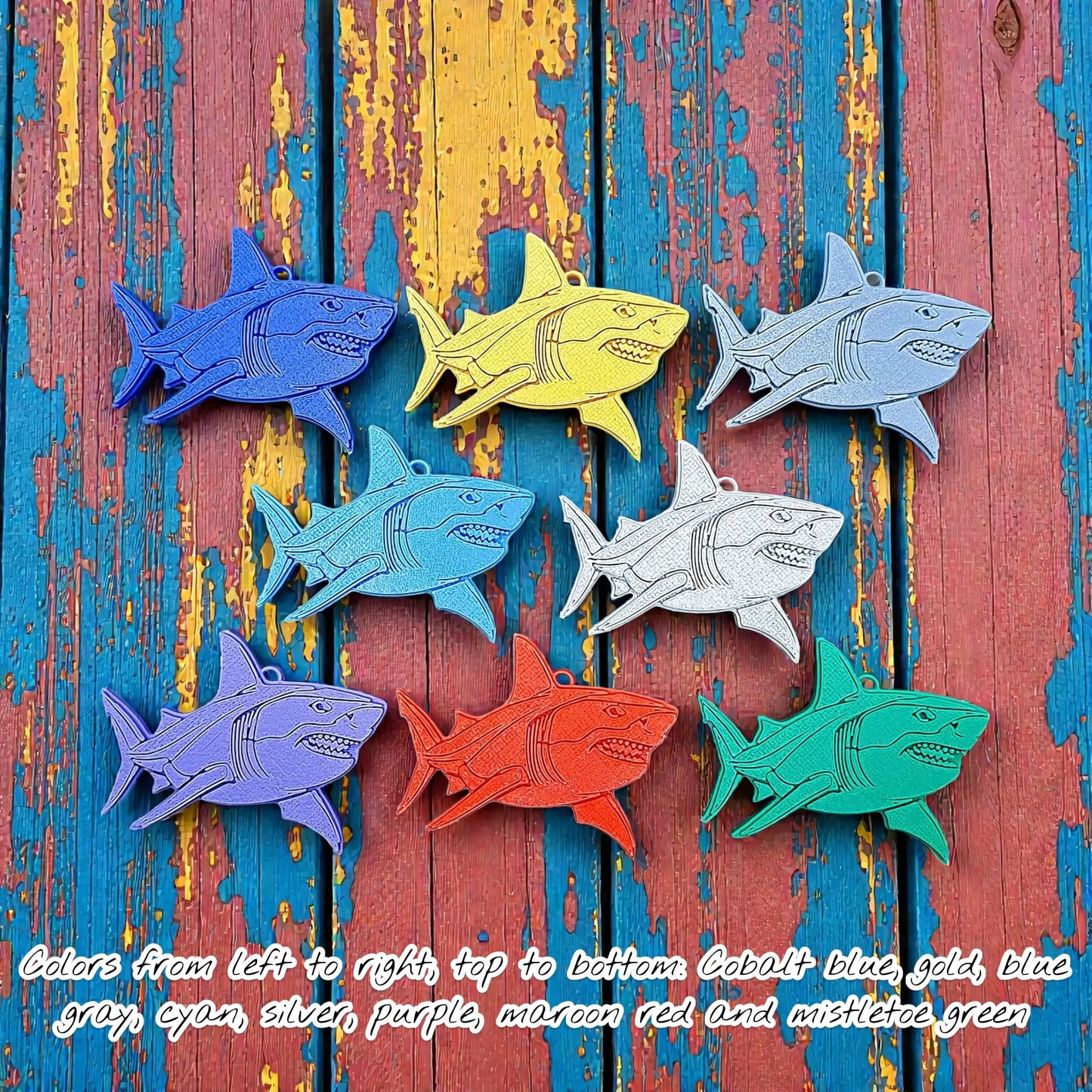 Handmade and customizable shark keychains in multiple colors, perfect for under-the-sea party favors, bag charms, and cool classroom prizes.