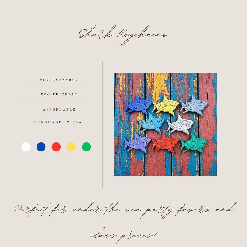 Handmade and customizable shark keychains in multiple colors, perfect for under-the-sea party favors, bag charms, and cool classroom prizes.