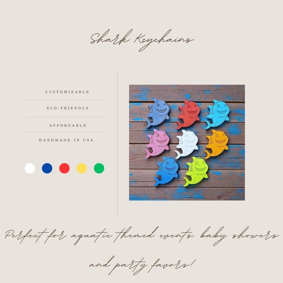 Handmade and customizable shark keychains - fun marine animal keyring collection for kids, party bags, or beach-themed gifts and souvenirs.