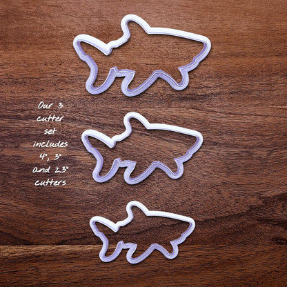 Handmade and customizable shark cookie cutter set, great for beach themed baking, fondant crafts, or ocean-themed cookies.