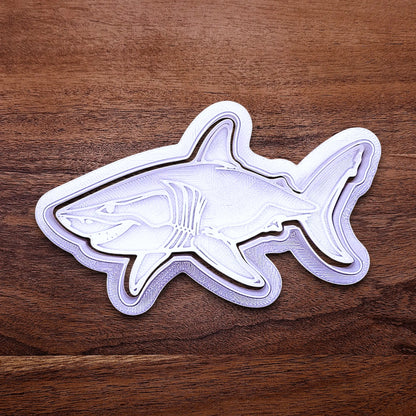 Handmade and customizable shark cookie cutter and stamp, great for beach themed baking, fondant crafts, or ocean-themed cookies.