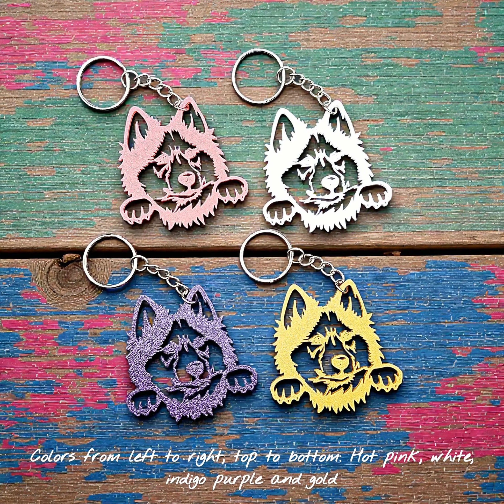 Siberian Husky customizable keychains in four colors, featuring a detailed head profile, handmade from eco-friendly PLA plastic—perfect for dog moms and husky lovers.