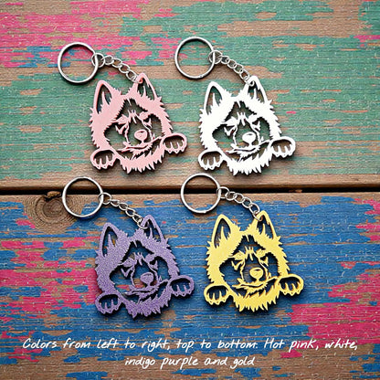 Siberian Husky customizable keychains in four colors, featuring a detailed head profile, handmade from eco-friendly PLA plastic—perfect for dog moms and husky lovers.