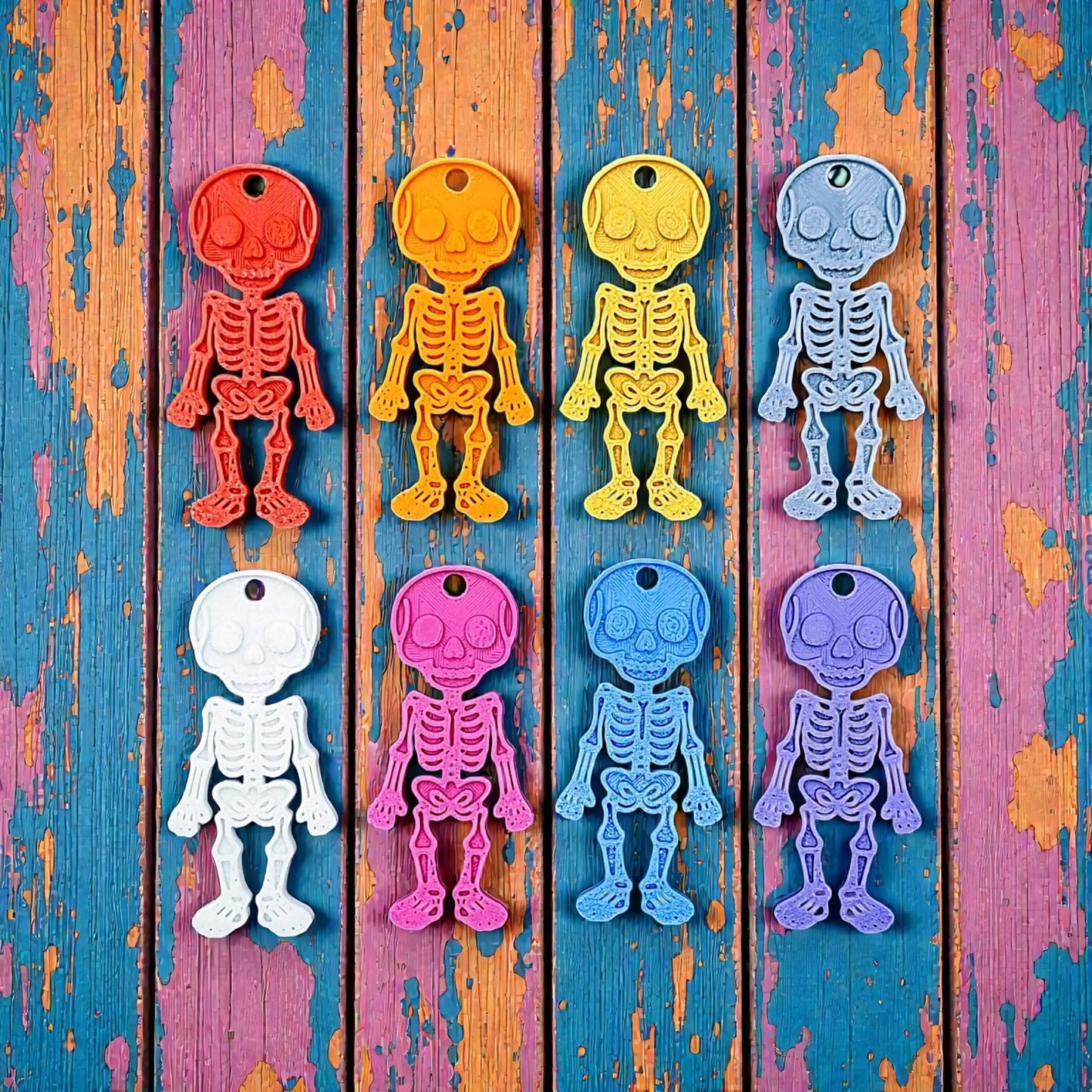 Handmade and customizable skeleton keychains in various colors, perfect for Halloween party favors, spooky bag charms, and cool classroom prizes.