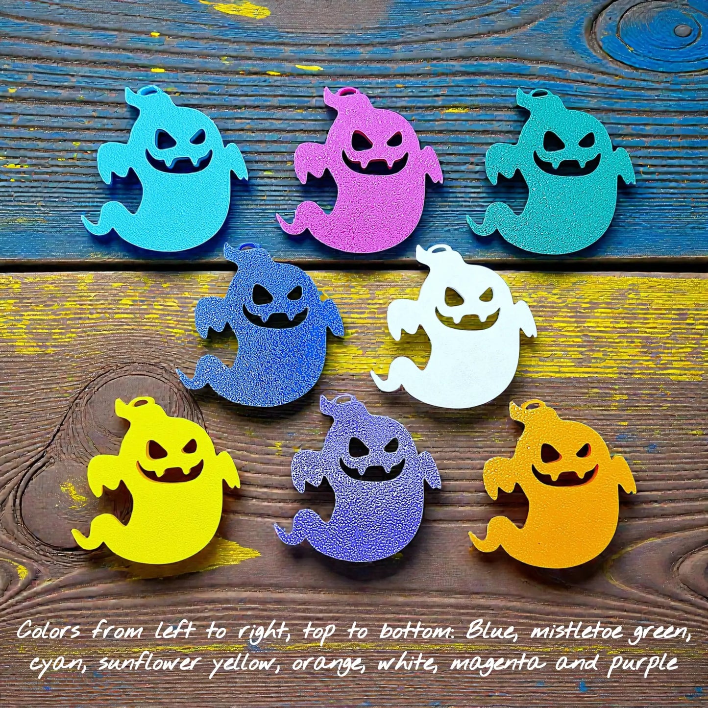 Handmade Halloween ghost keychains in various colors, ideal for fall party favors, gifting, or accessorizing Halloween-themed trick or treat bags or keys.