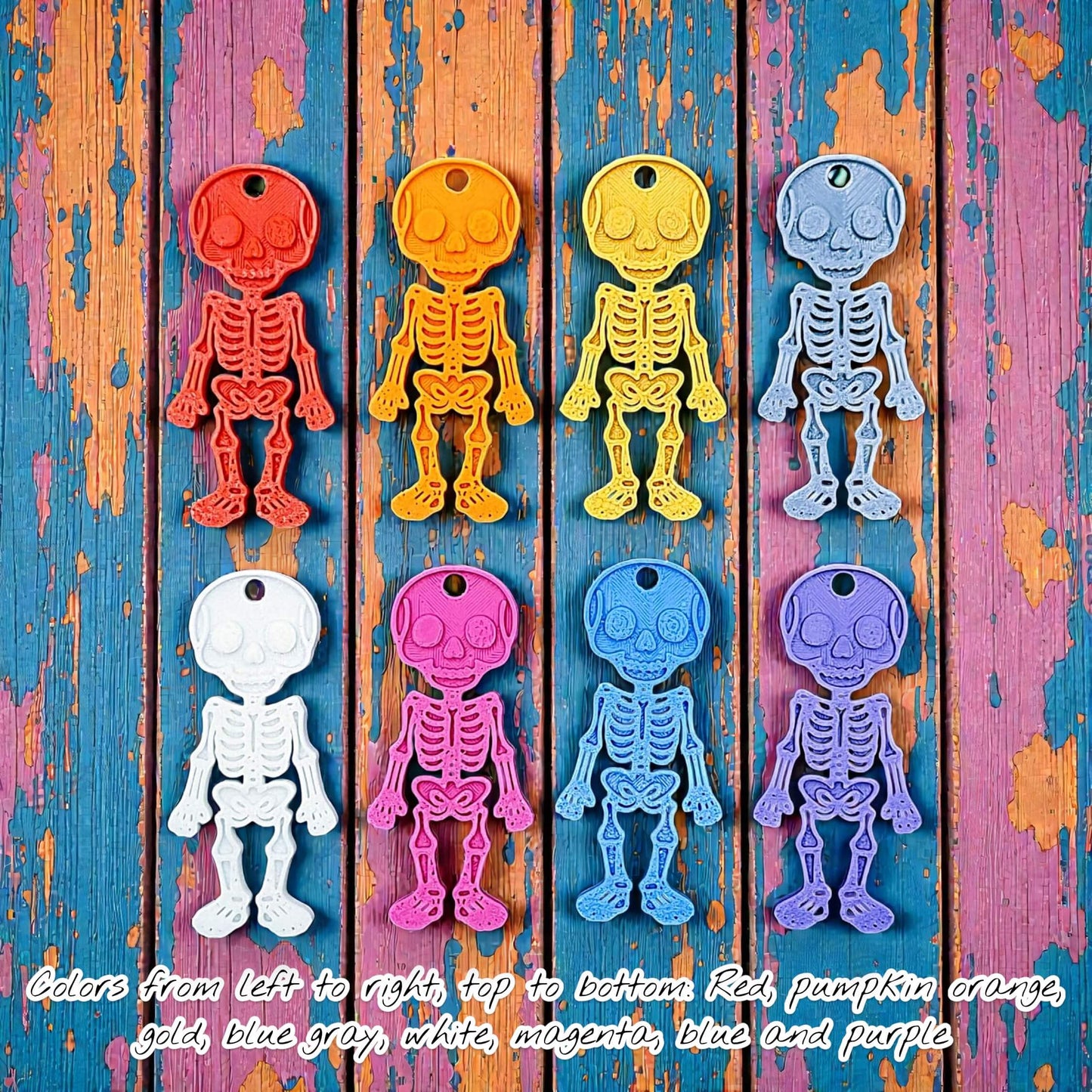 Handmade and customizable skeleton keychains in assorted colors, perfect for Halloween party favors, spooky bag charms, and cool classroom prizes.