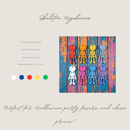 Handmade and customizable skeleton keychains in multiple colors, perfect for Halloween party favors, spooky bag charms, and cool classroom prizes.