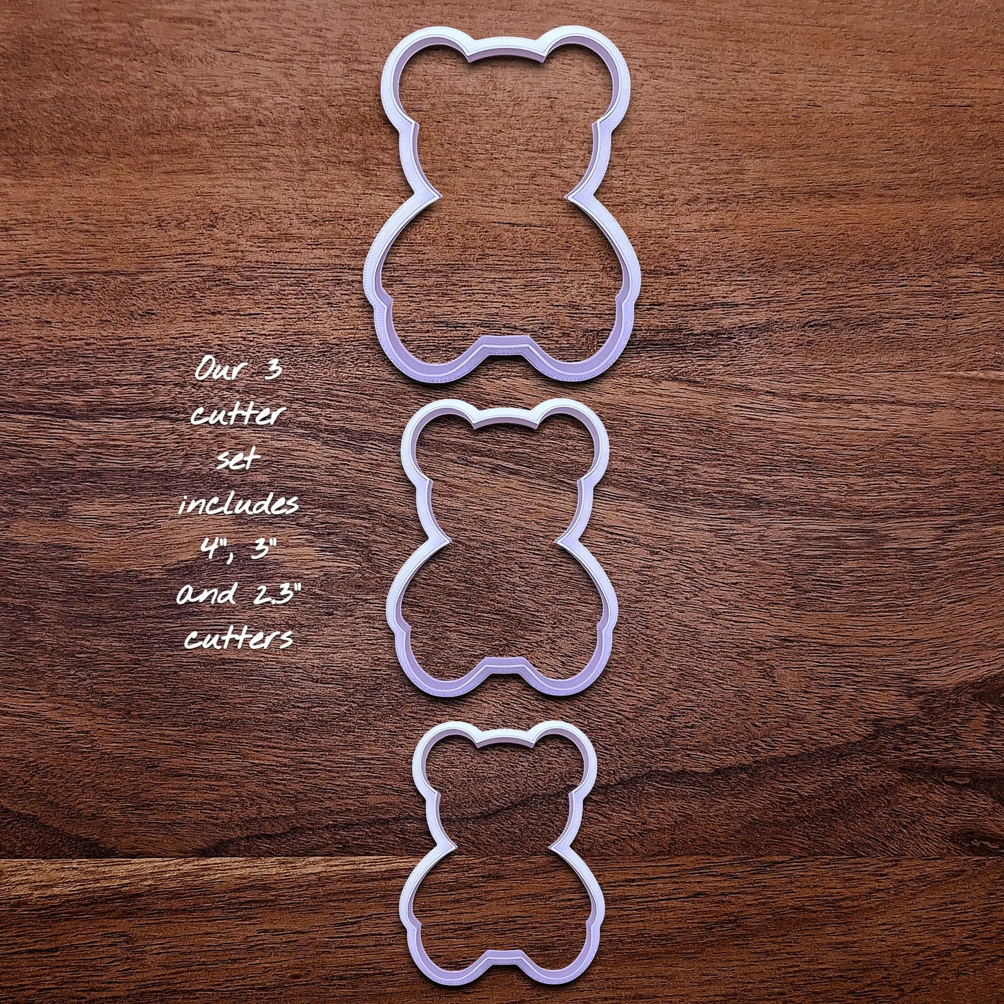 Multiple handmade and customizable teddy bear cookie cutters with stamps — perfect for standout cookies at Valentine's Day parties or gifting.