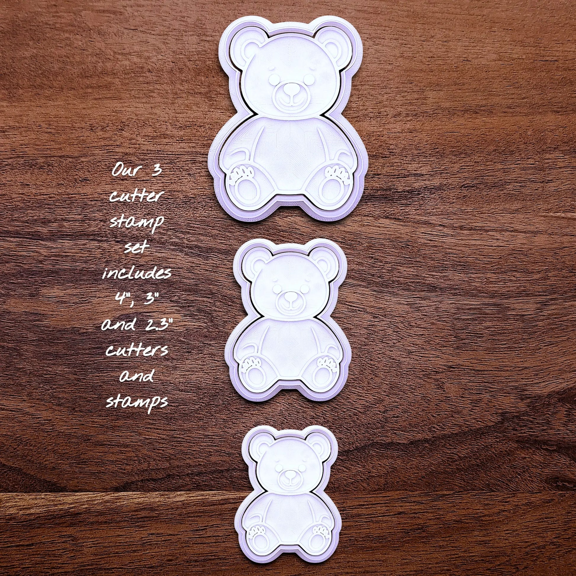 Multiple handmade and customizable teddy bear cookie cutters with stamps — perfect for standout cookies at Valentine's Day parties or gifting.