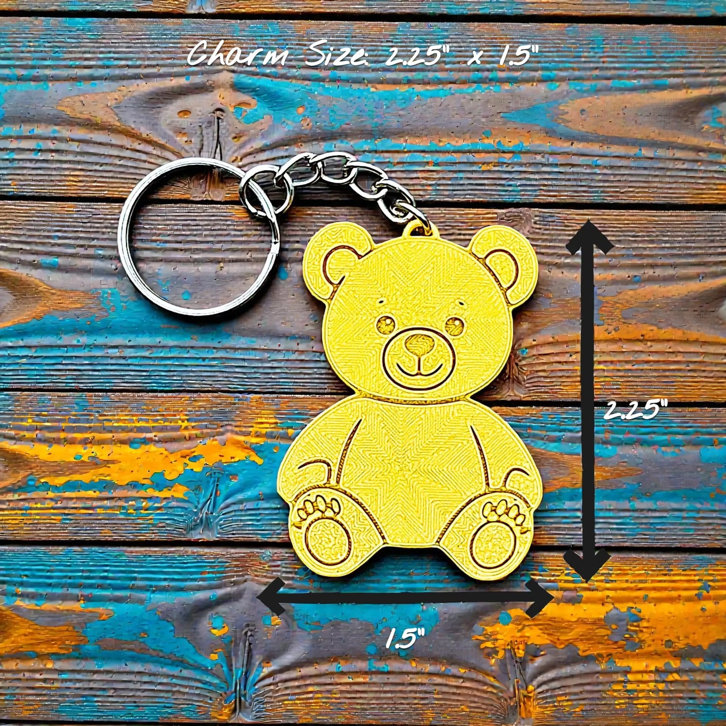 Colorful teddy bear keychain in gold - handmade eco-friendly charms perfect for kids, baby showers, party favors, or animal-themed gifts.