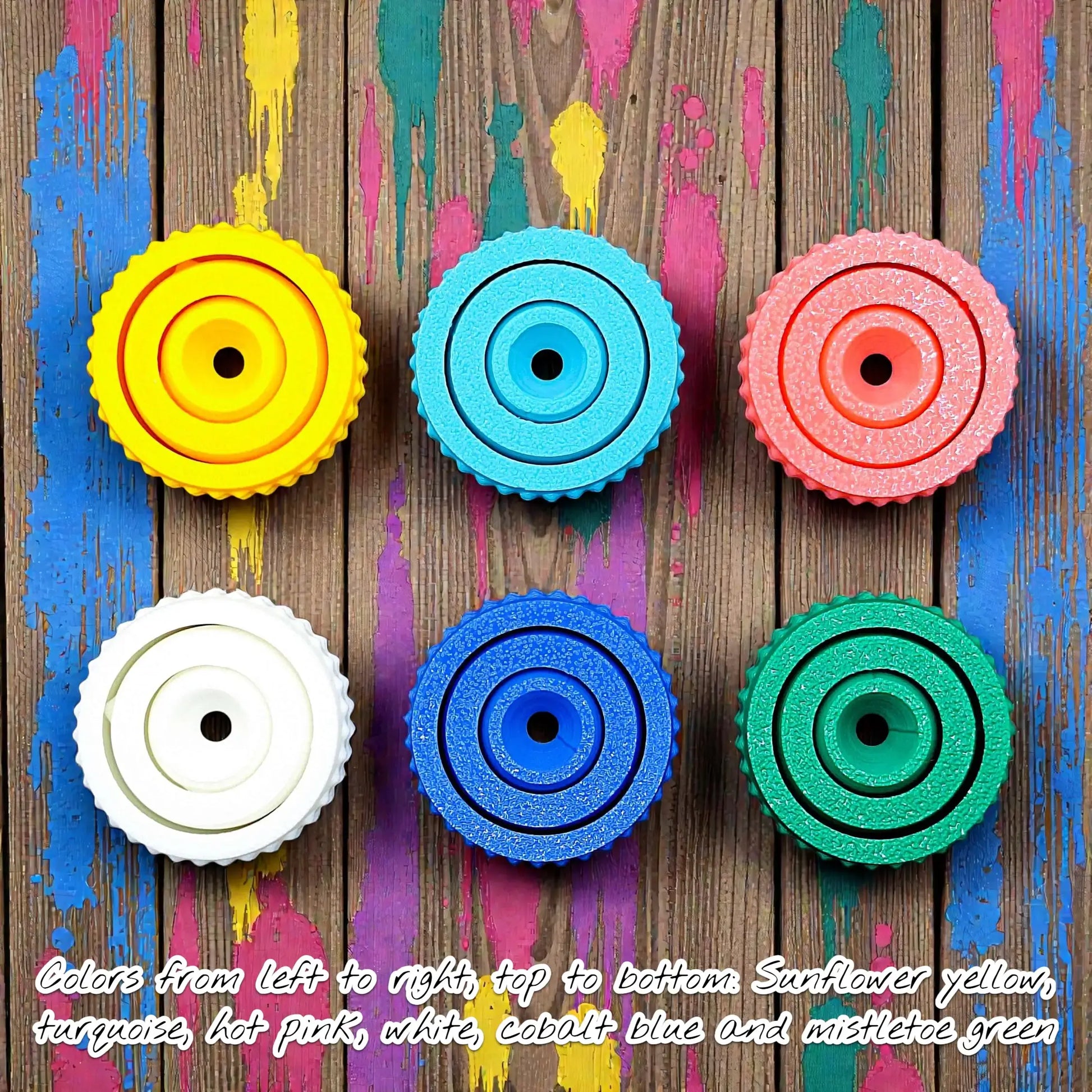 Six fidget gyro spinners with modern designs and smooth spin, handmade from eco PLA, great for stress relief, sensory play, and focus support.