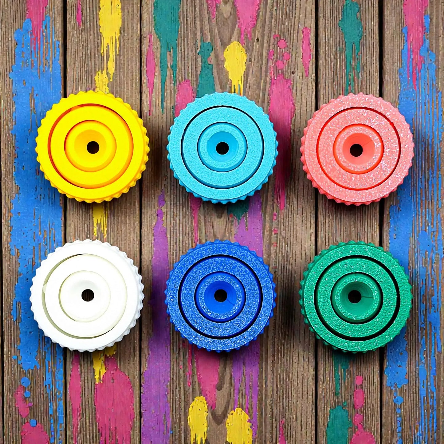 Fidget gyro spinners with modern designs and smooth spin, handmade from eco PLA, great for stress relief, sensory play, and focus support.