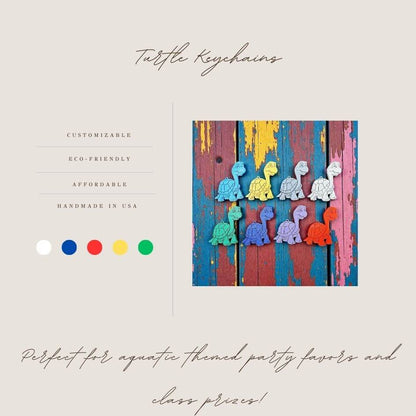 Handmade and customizable turtle keychains in assorted colors, ideal for tortoise themed part favors, cute bag charms, and classroom prizes.