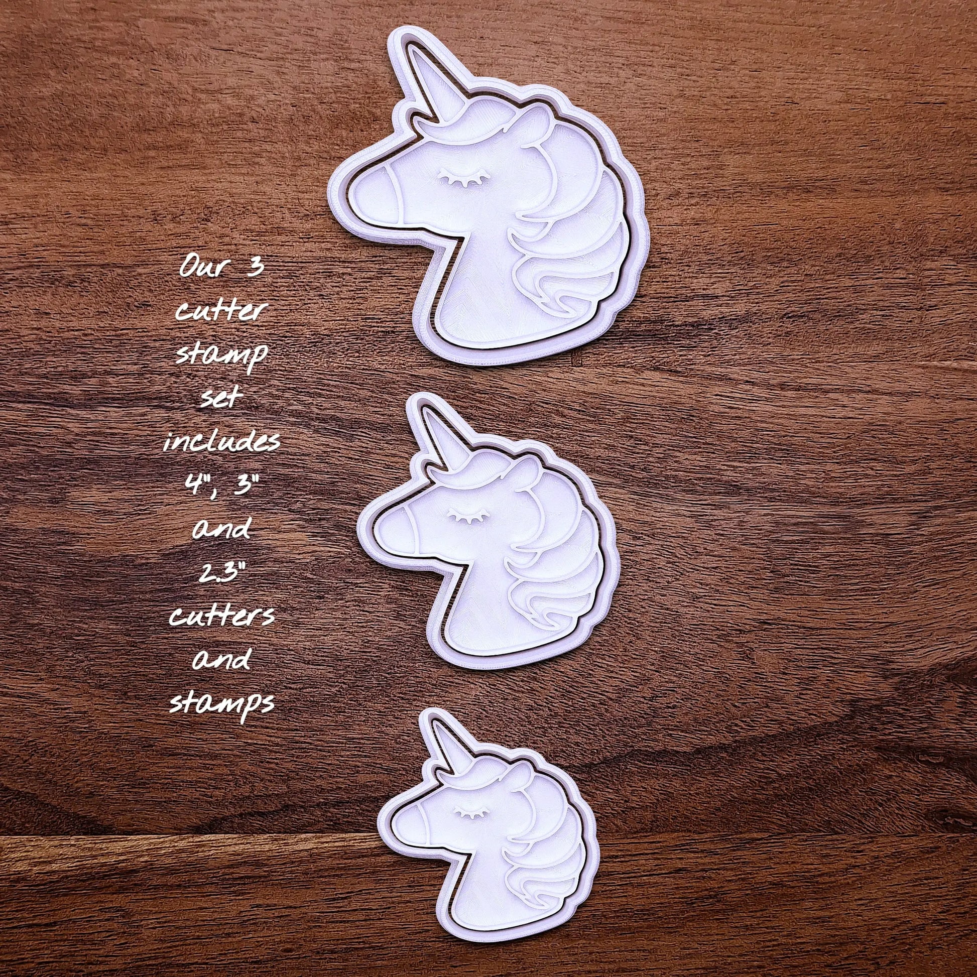 Handmade and customizable unicorn cookie cutter and stamp set, perfect for magical themed birthday parties, fondant decorating, or gifting to unicorn lovers.