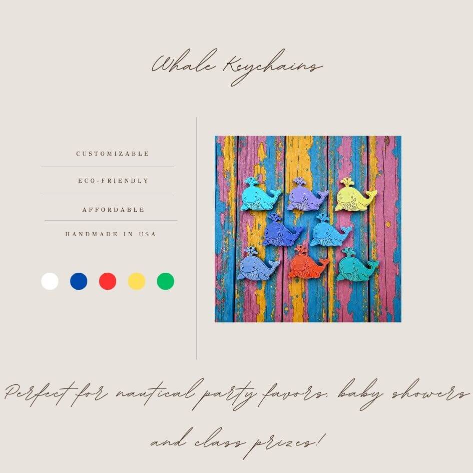 Handmade and customizable whale keychains, perfect for classroom prizes, party favors for kids birthdays, and unique bag charms.