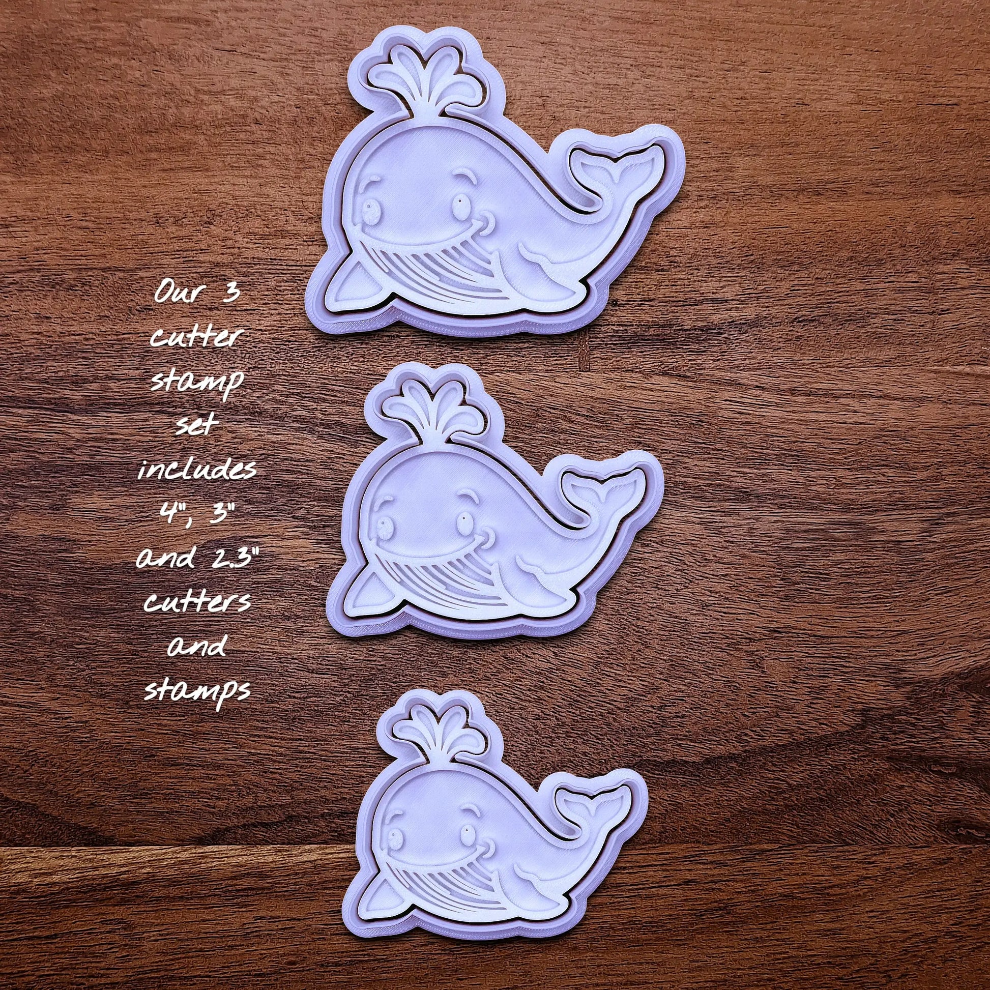 Handmade and customizable whale cookie cutter and stamp set, ideal for making adorable aquatic and nautical cookies for baby showers, birthdays, and parties.
