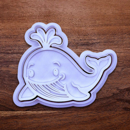 Handmade and customizable whale cookie cutter and stamp, ideal for making adorable aquatic and nautical cookies for baby showers, birthdays, and parties.