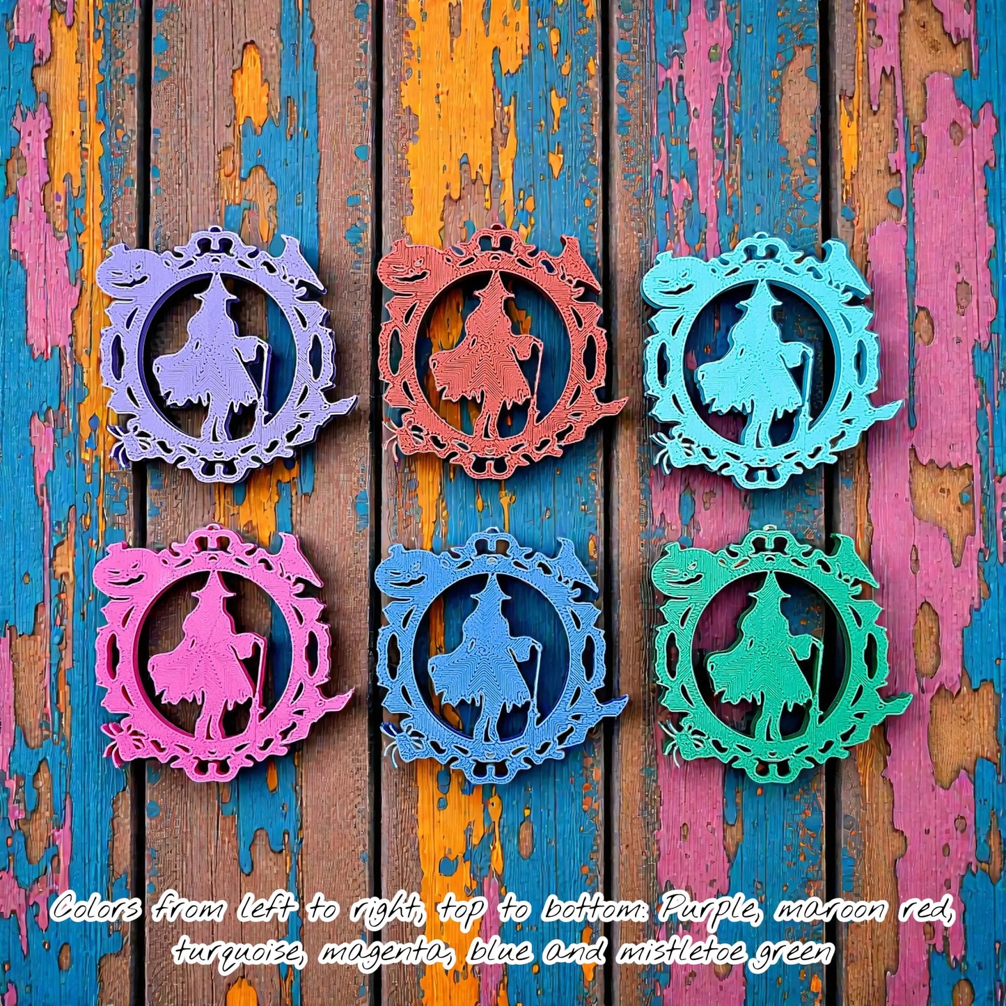 Handmade and customizable Halloween keychains in assorted colors featuring a witch, bats, crows, and pumpkins. Perfect for spooky season trick or treats, party favors and goth inspired gifts.