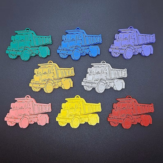 Dump Truck Keychain for construction lovers, durable eco friendly charm handmade in USA, perfect gift or bulk party favor accessory.
