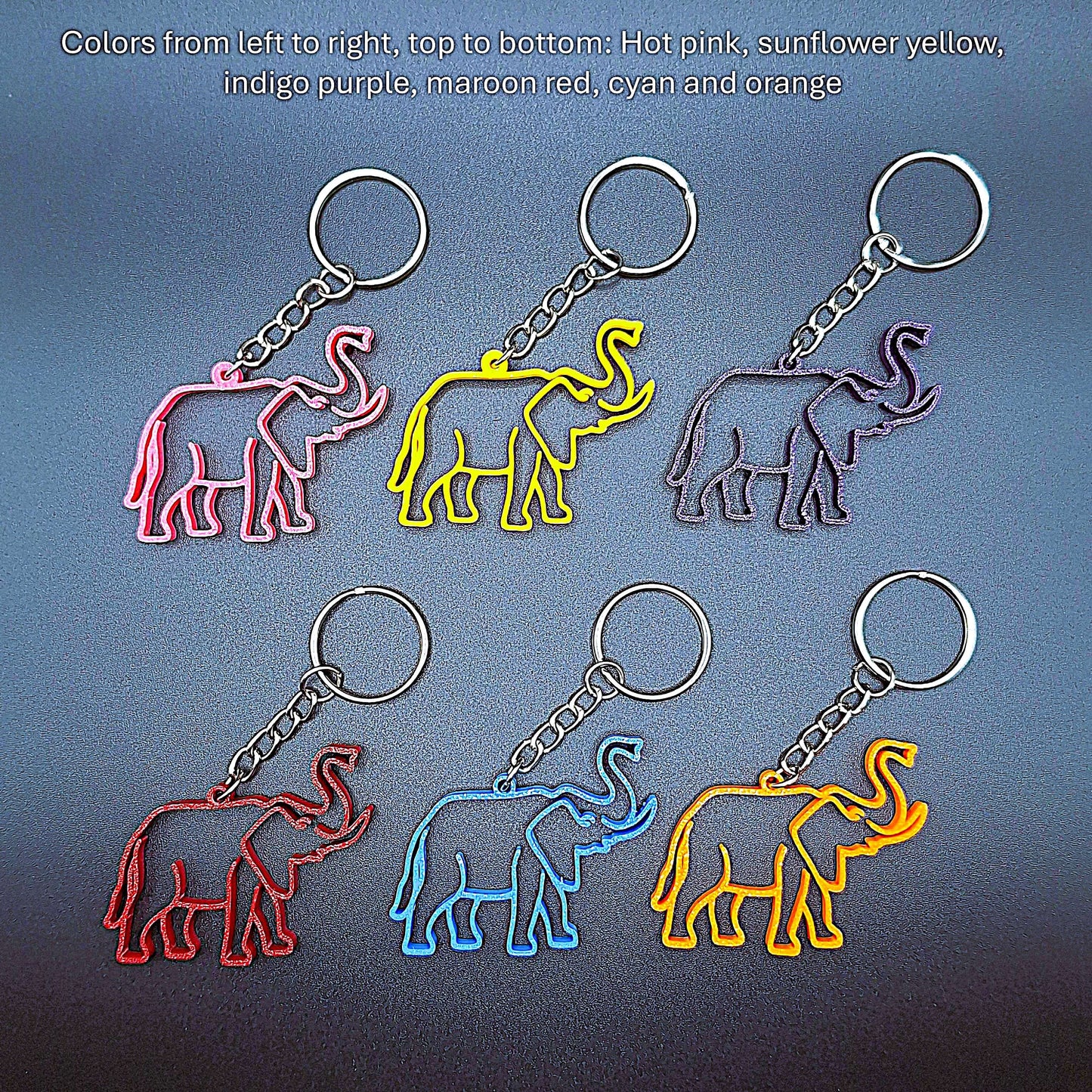 Six elephant keychains shown in assorted colors with raised trunk design, great as eco-friendly gifts or fun animal-themed key rings.