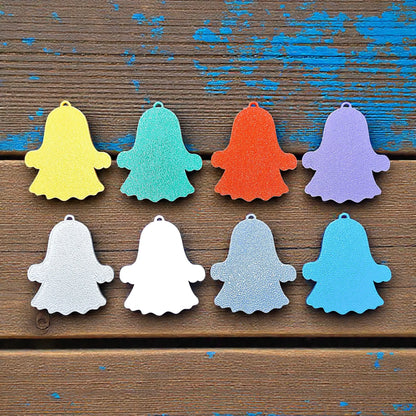 Reverse of handmade and customizable ghost keychains, perfect for Halloween party favors, trick or treats, and fun Fall gifting for kids.