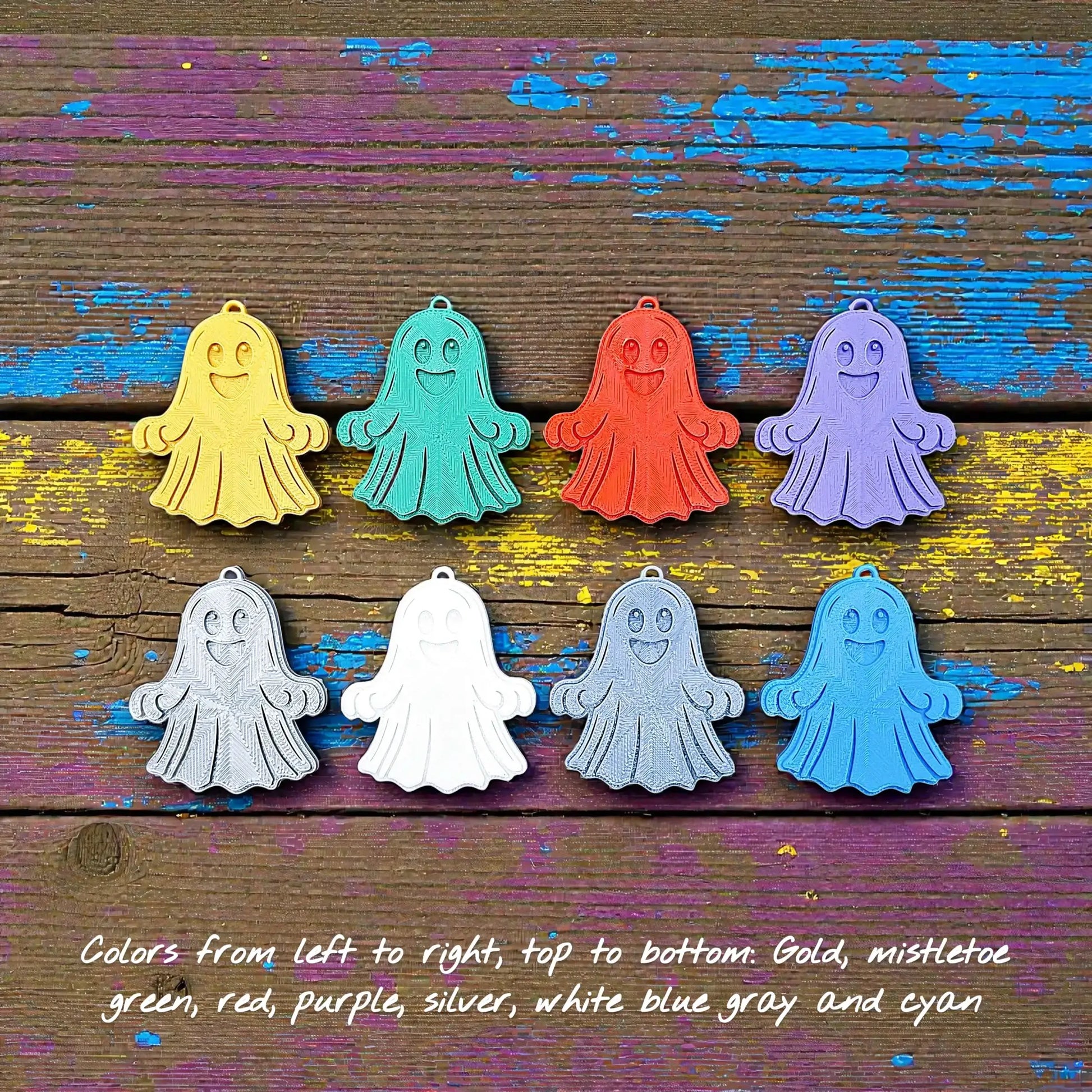 Handmade and customizable ghost keychains in multiple colors, perfect for Halloween party favors, trick or treats, and fun Fall gifting for kids.