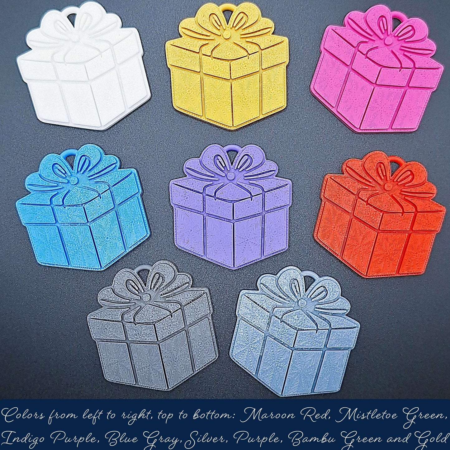 View of 8-pack gift box keychains in assorted colors—fun, eco-conscious present charms perfect for gifting, crafting, or party decorations.