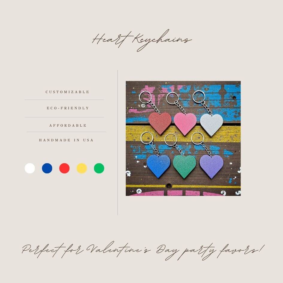 Handmade and customizable heart keychains in various colors, perfect for classroom prizes, Valentine's Day gifts, party favors for kids birthdays, baby showers and unique backpack charms.