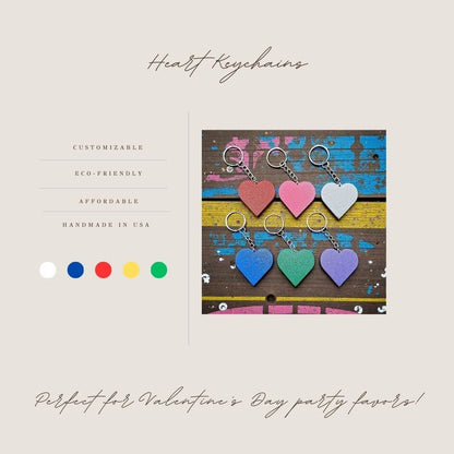 Handmade and customizable heart keychains in various colors, perfect for classroom prizes, Valentine's Day gifts, party favors for kids birthdays, baby showers and unique backpack charms.