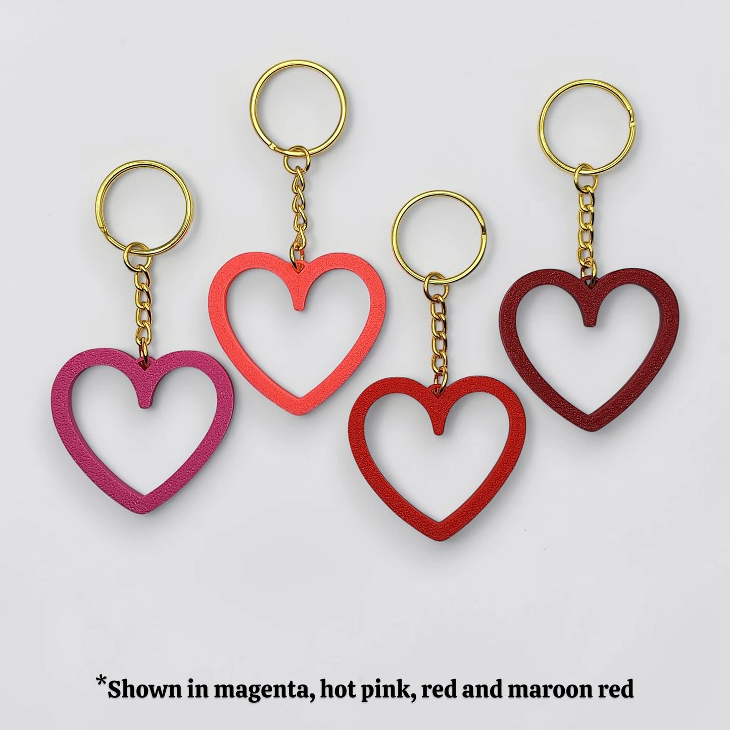 Heart keychains in multiple colors, perfect for Valentine's Day gifts, wedding party favors, stocking stuffers and class prizes.