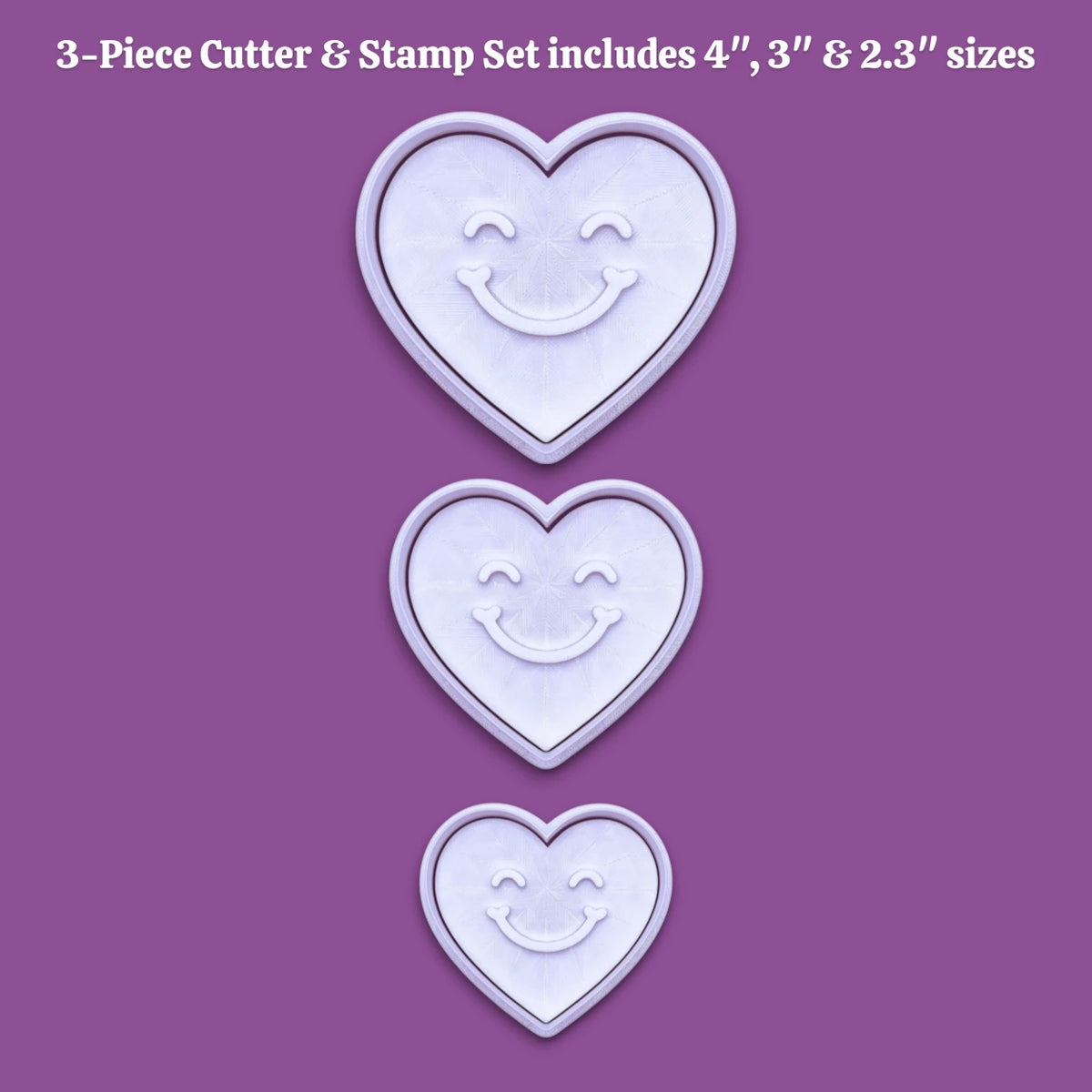 Handmade and customizable heart cookie cutter set with cute face stamp, perfect for Valentine's Day baking, sweet treats and party favor creations.