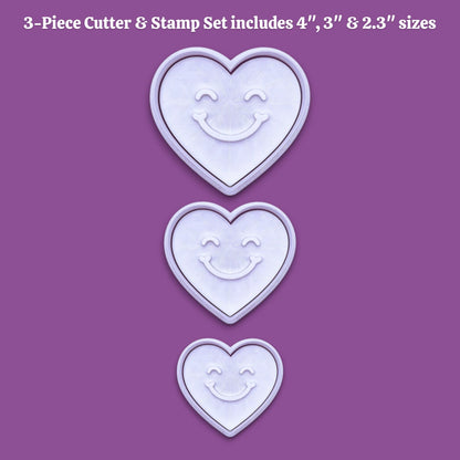 Handmade and customizable heart cookie cutter set with cute face stamp, perfect for Valentine's Day baking, sweet treats and party favor creations.